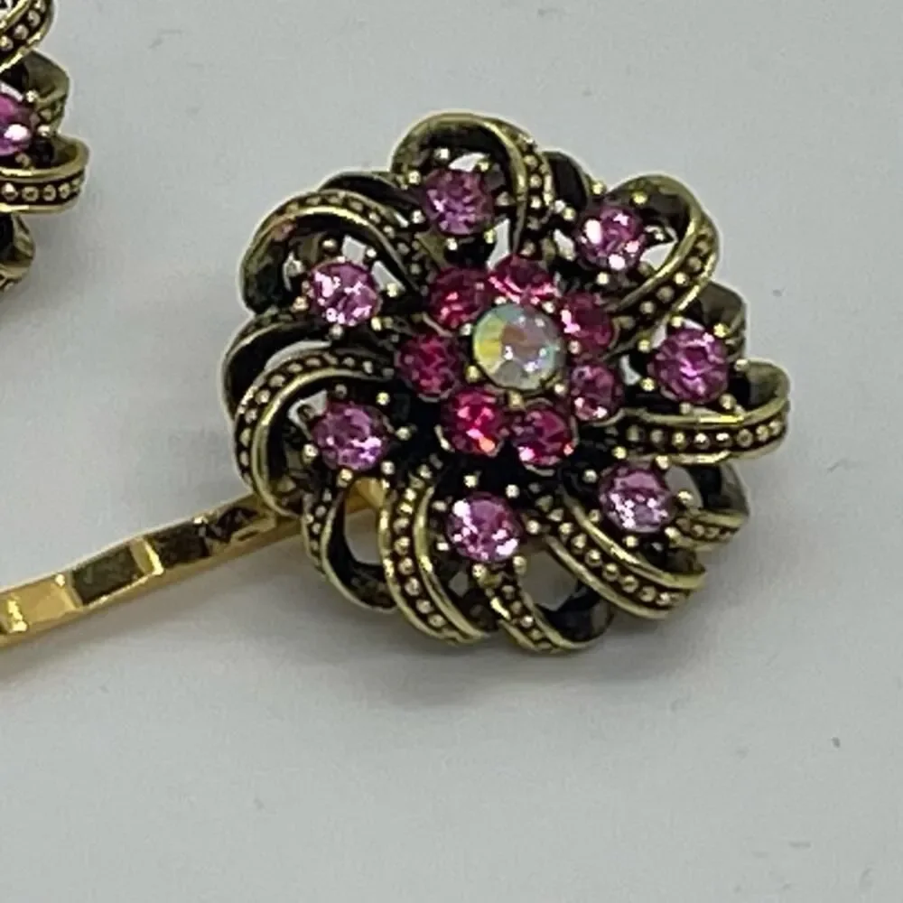 Handmade Pink Rhinestone Gold Set Hair Clips Jewelry NWT